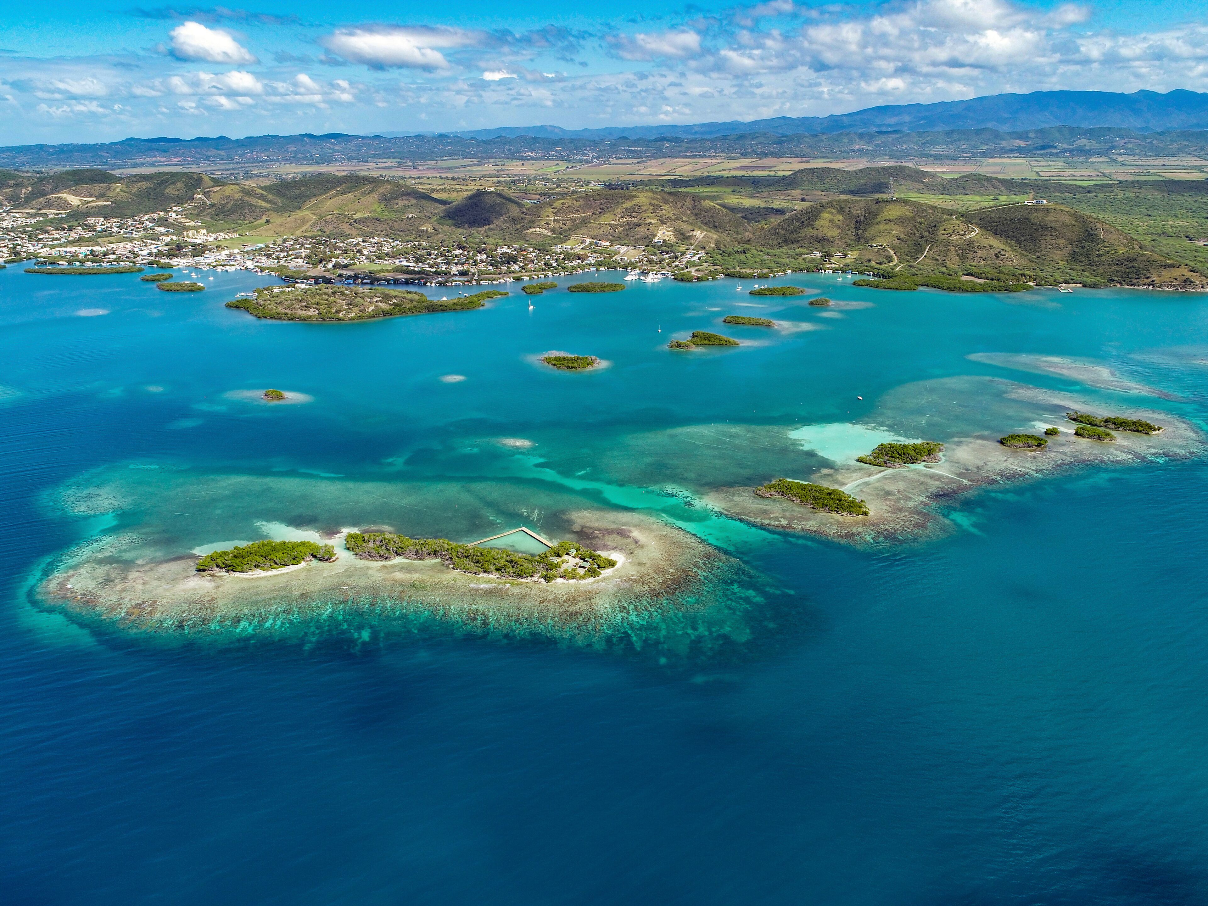 Aerial view of La Parguera cays, turquoise water, and mangrove islands